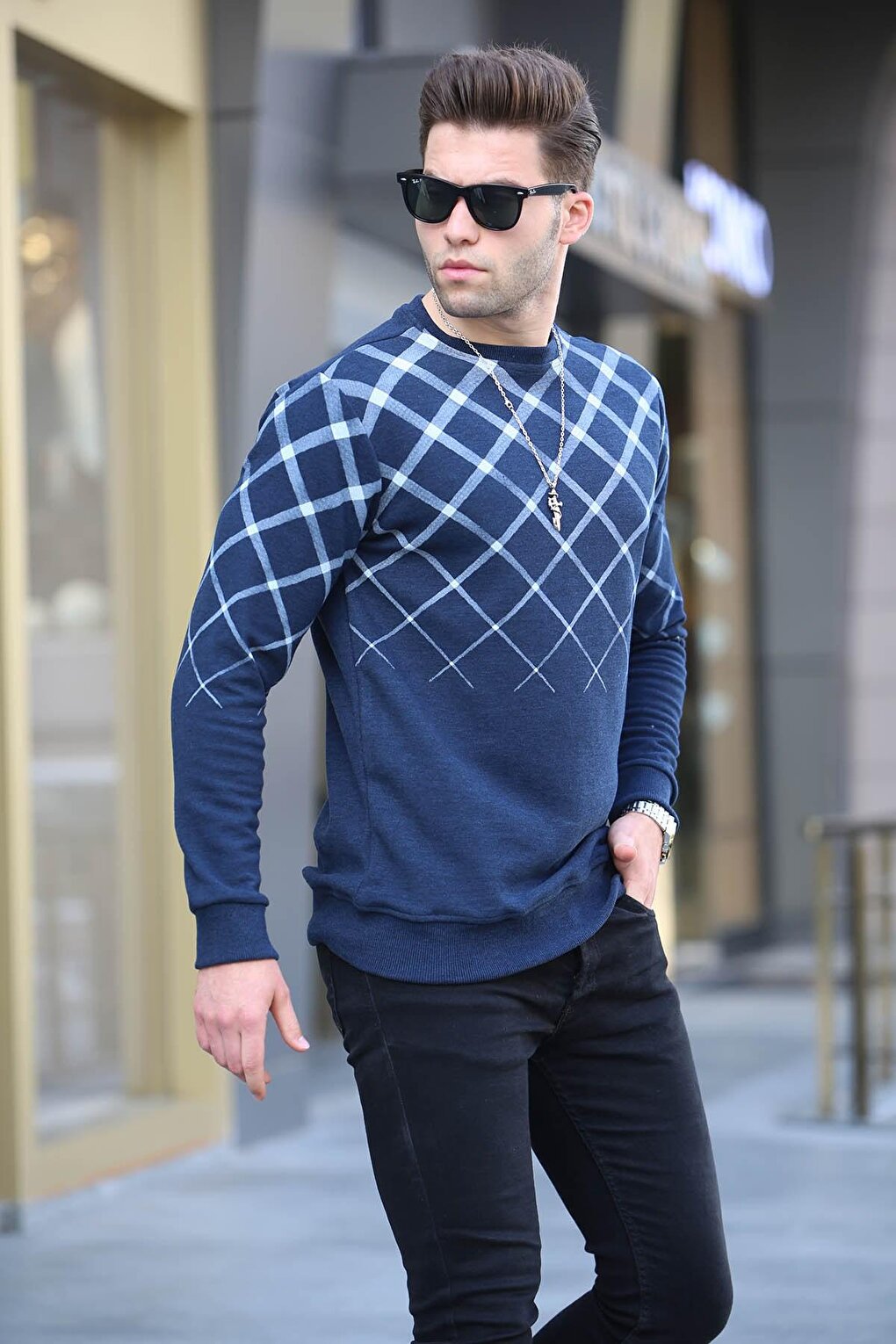 Indigo Patterned Crew Neck Knitwear Sweater 6019