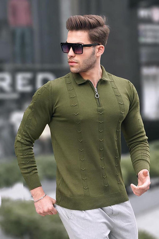 Khaki Zipper Detailed Knitwear Sweater 5606