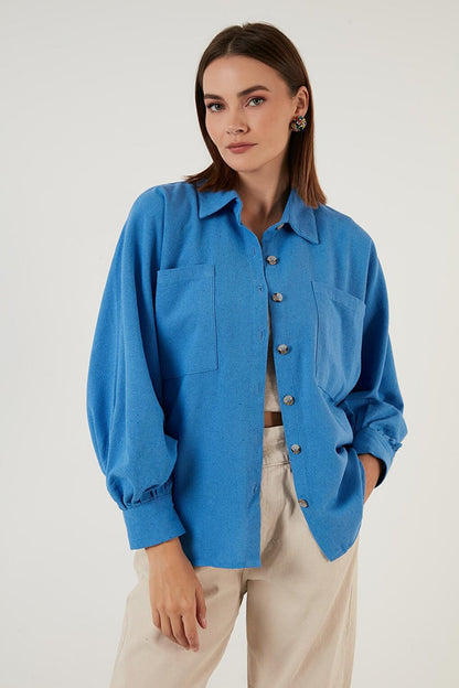 Cotton Pocket Balloon Sleeve Boyfriend Shirt 6230458