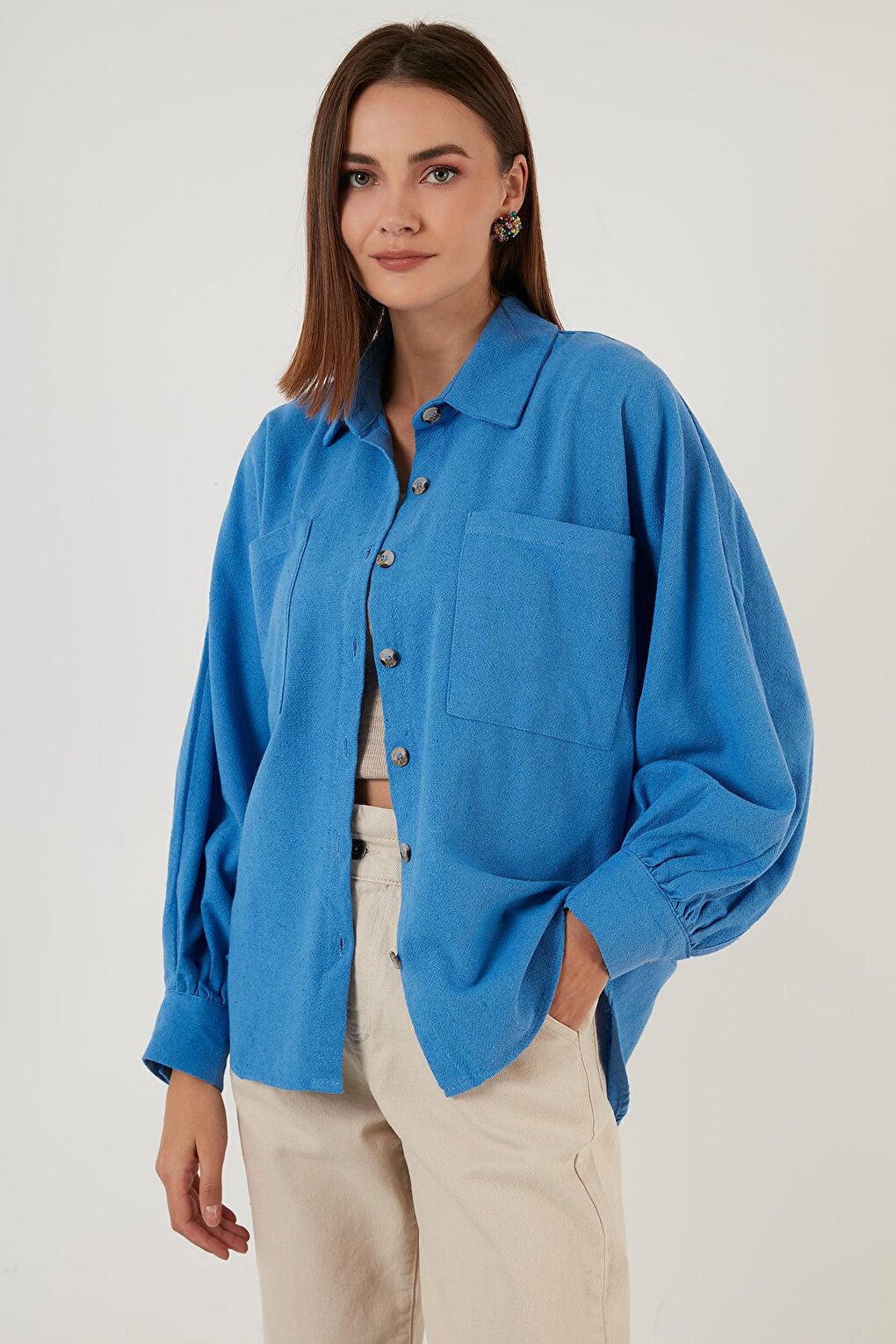 Cotton Pocket Balloon Sleeve Boyfriend Shirt 6230458