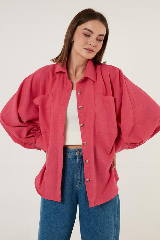 Cotton Pocket Balloon Sleeve Boyfriend Shirt 6230458