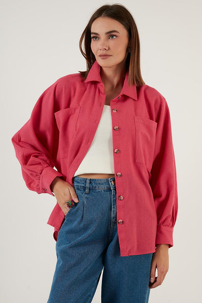 Cotton Pocket Balloon Sleeve Boyfriend Shirt 6230458