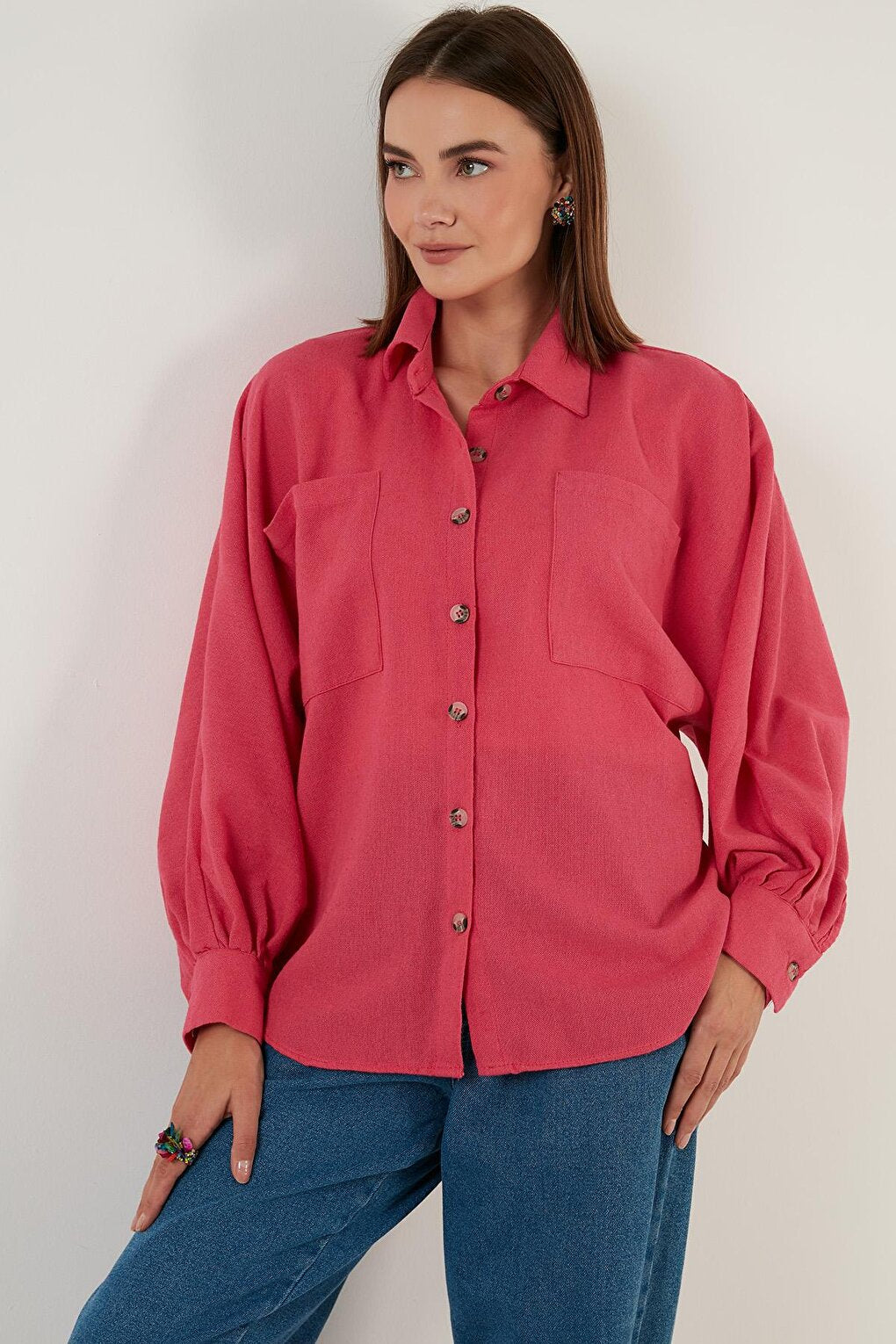 Cotton Pocket Balloon Sleeve Boyfriend Shirt 6230458