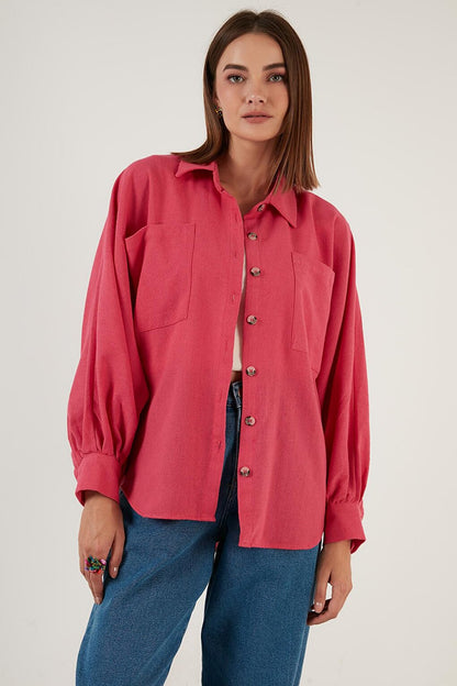 Cotton Pocket Balloon Sleeve Boyfriend Shirt 6230458