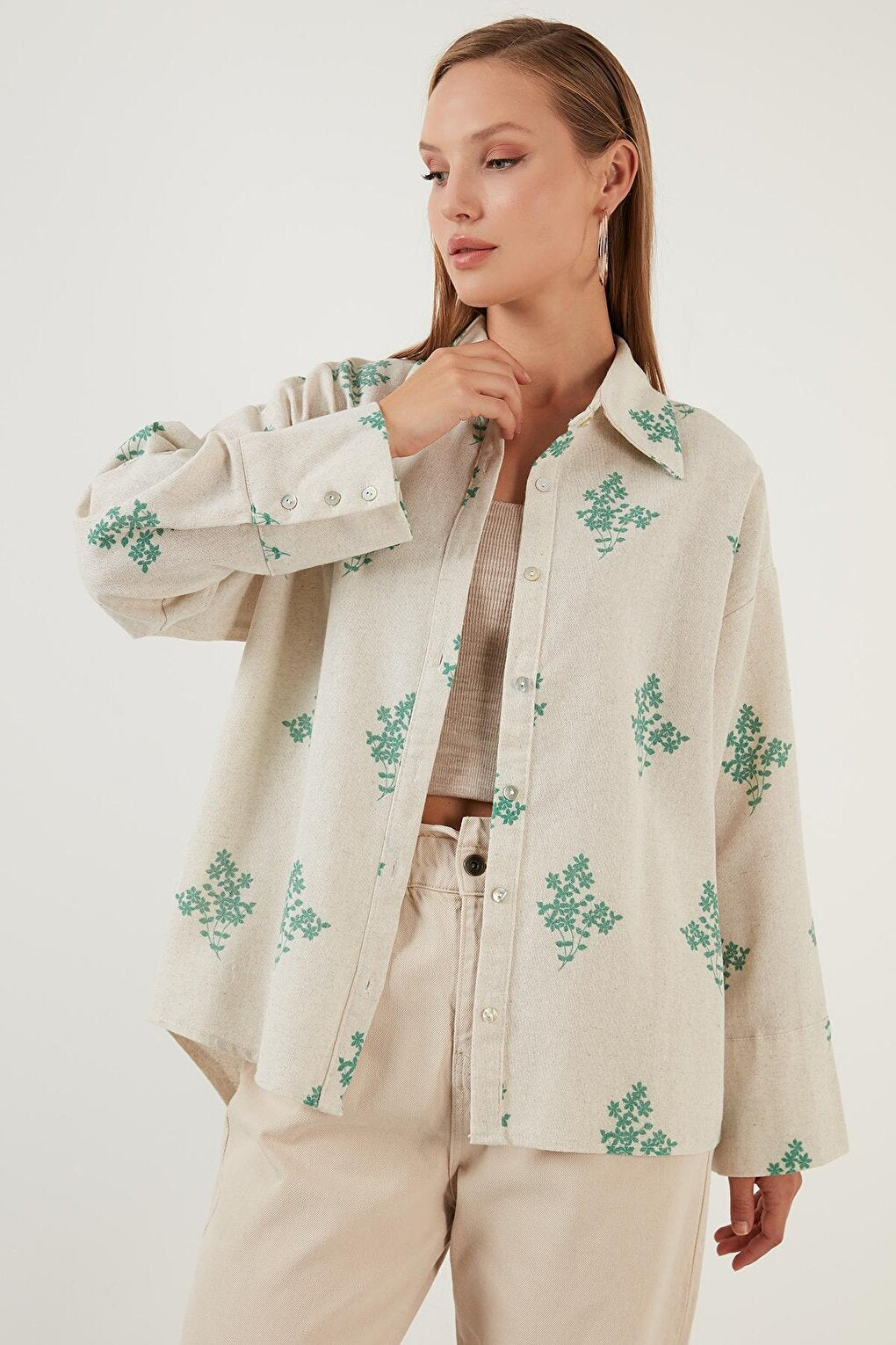 Floral Patterned Cotton Oversize Shirt 6234706