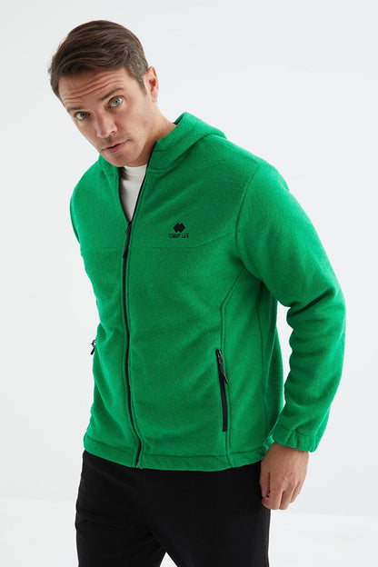 Green Zippered Hooded Standard Fit Men's Sweatshirt Towel Fleece - 88165