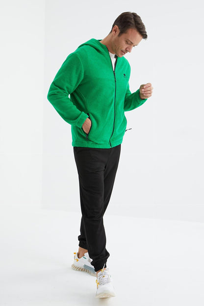 Green Zippered Hooded Standard Fit Men's Sweatshirt Towel Fleece - 88165