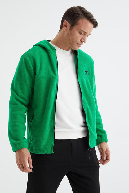 Green Zippered Hooded Standard Fit Men's Sweatshirt Towel Fleece - 88165