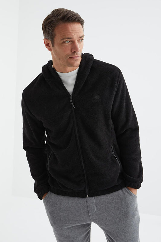 Black Zippered Hooded Standard Fit Men's Sweatshirt Towel Fleece - 88165