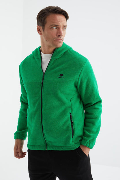 Green Zippered Hooded Standard Fit Men's Sweatshirt Towel Fleece - 88165