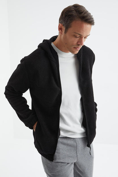 Black Zippered Hooded Standard Fit Men's Sweatshirt Towel Fleece - 88165