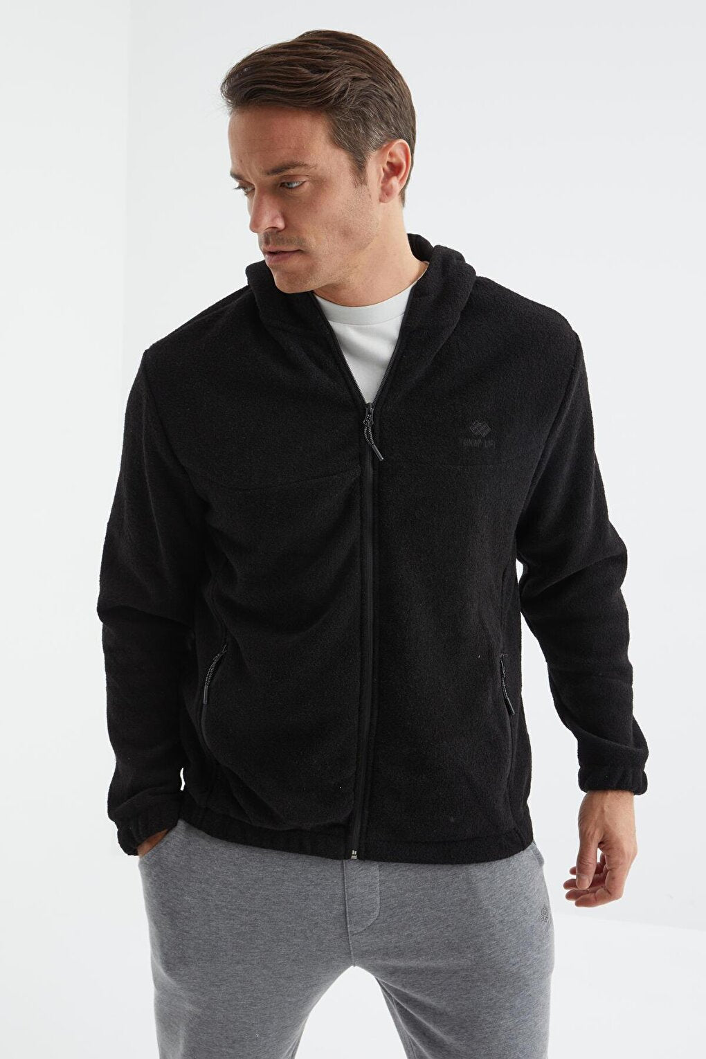 Black Zippered Hooded Standard Fit Men's Sweatshirt Towel Fleece - 88165