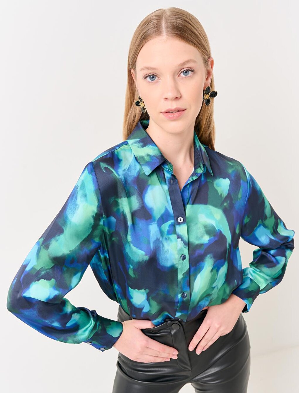 Blue Green Long Sleeve Stylish Patterned Satin Shirt