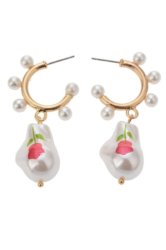 Flower Patterned Pearl Hoop Earrings