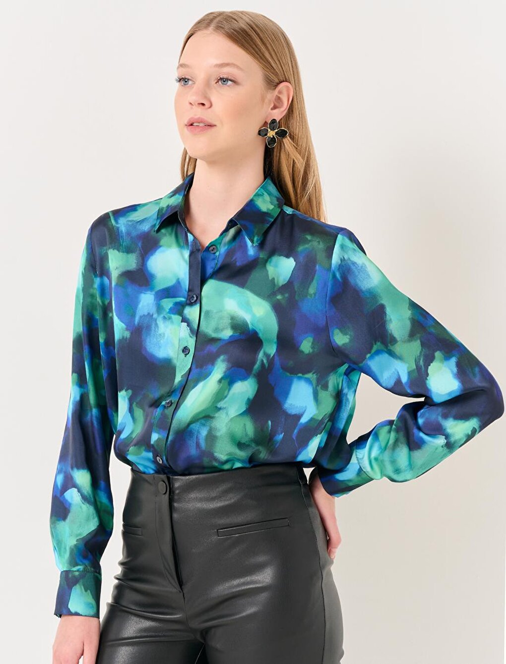 Blue Green Long Sleeve Stylish Patterned Satin Shirt