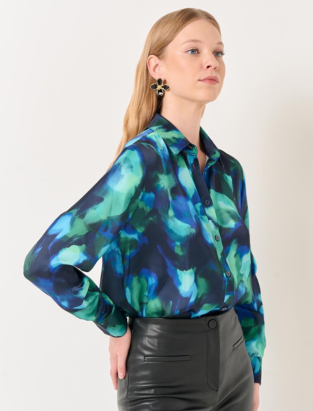 Blue Green Long Sleeve Stylish Patterned Satin Shirt