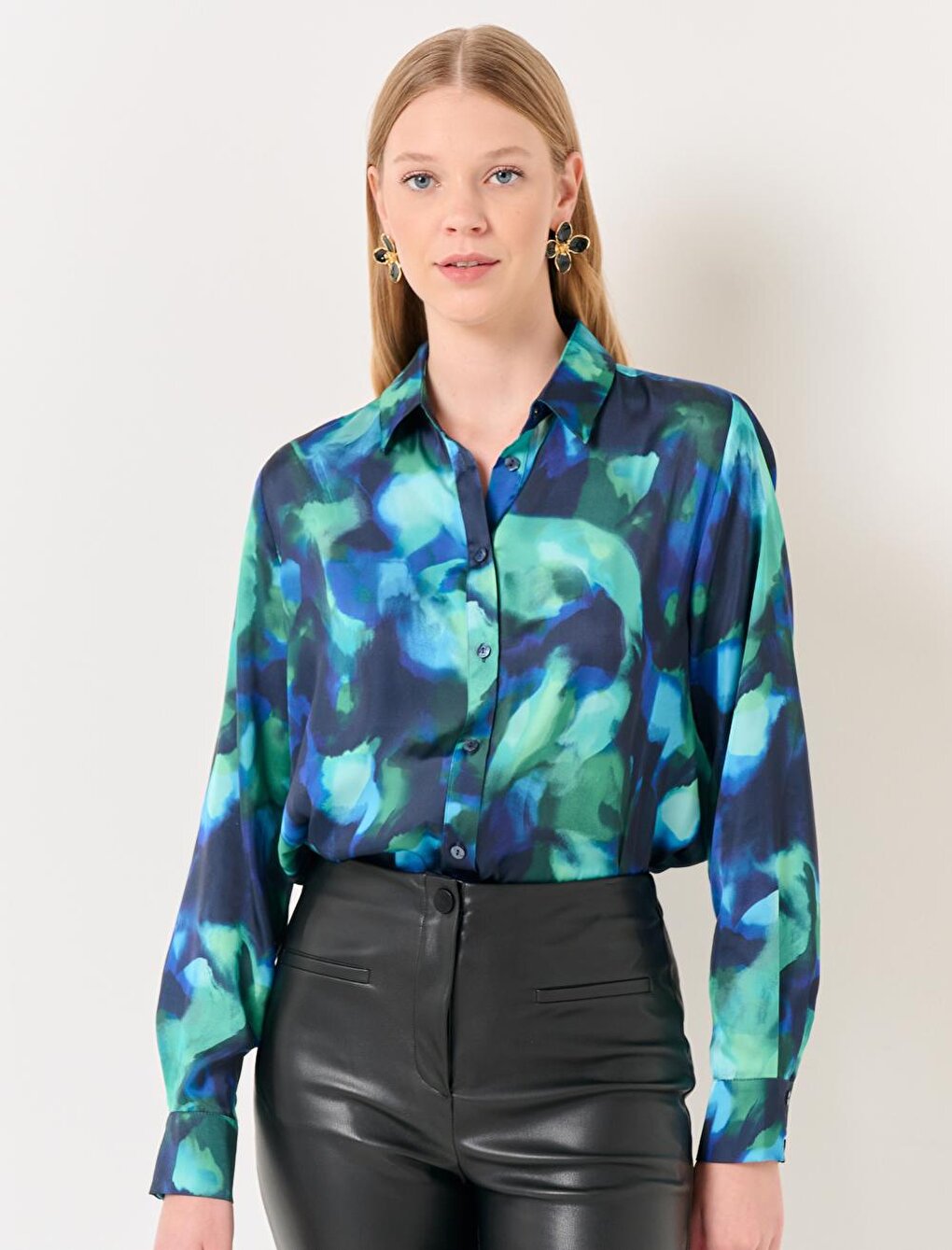 Blue Green Long Sleeve Stylish Patterned Satin Shirt