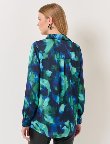 Blue Green Long Sleeve Stylish Patterned Satin Shirt