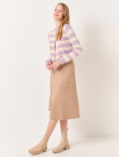 Dark Beige Normal Waist Knitted Suede Midi Skirt