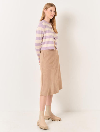 Dark Beige Normal Waist Knitted Suede Midi Skirt