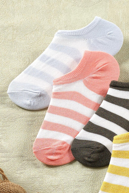 4 Pairs Women's Striped Short Socks | Extra Soft Unisex Cotton Booties Socks