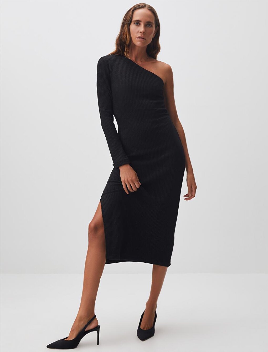 Black One Shoulder Slit Stylish Midi Dress