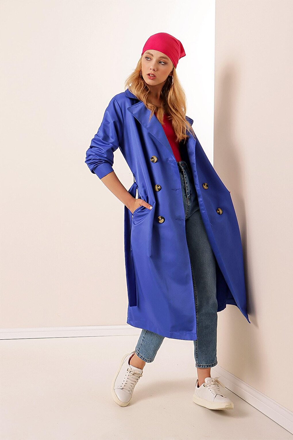 Women's Sax Double Breasted Collar Belted Unlined Seasonal Casual Trench Coat HZL22S-BD158531