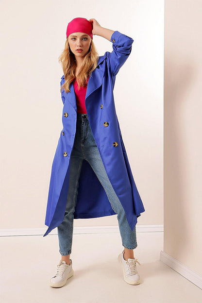 Women's Sax Double Breasted Collar Belted Unlined Seasonal Casual Trench Coat HZL22S-BD158531