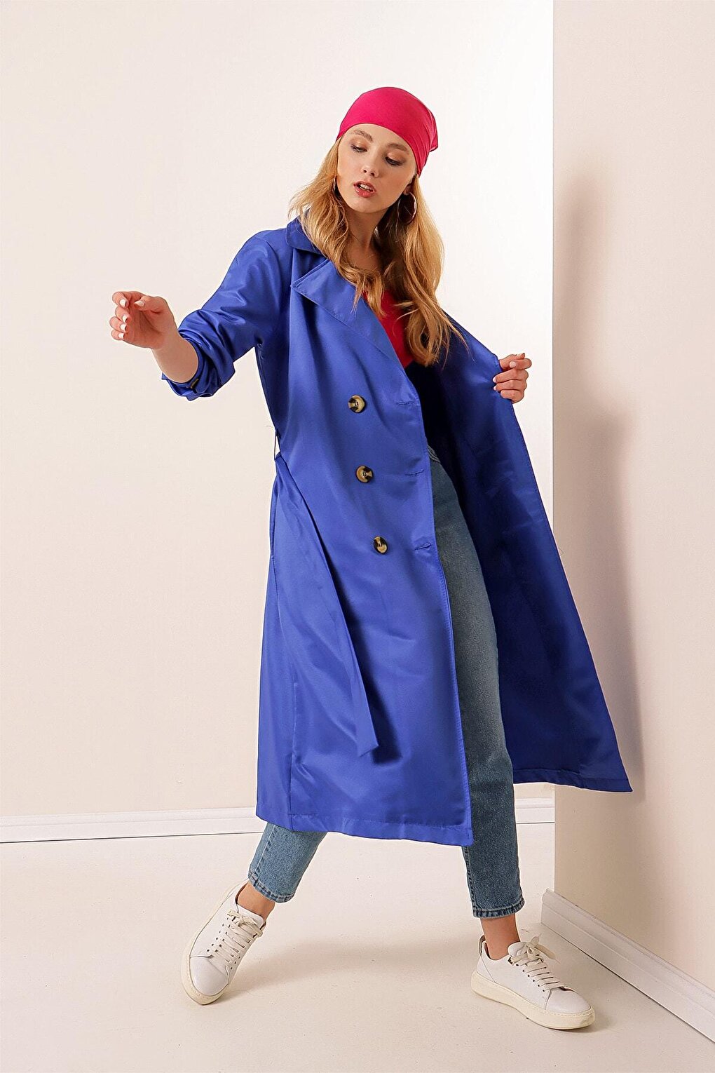 Women's Sax Double Breasted Collar Belted Unlined Seasonal Casual Trench Coat HZL22S-BD158531