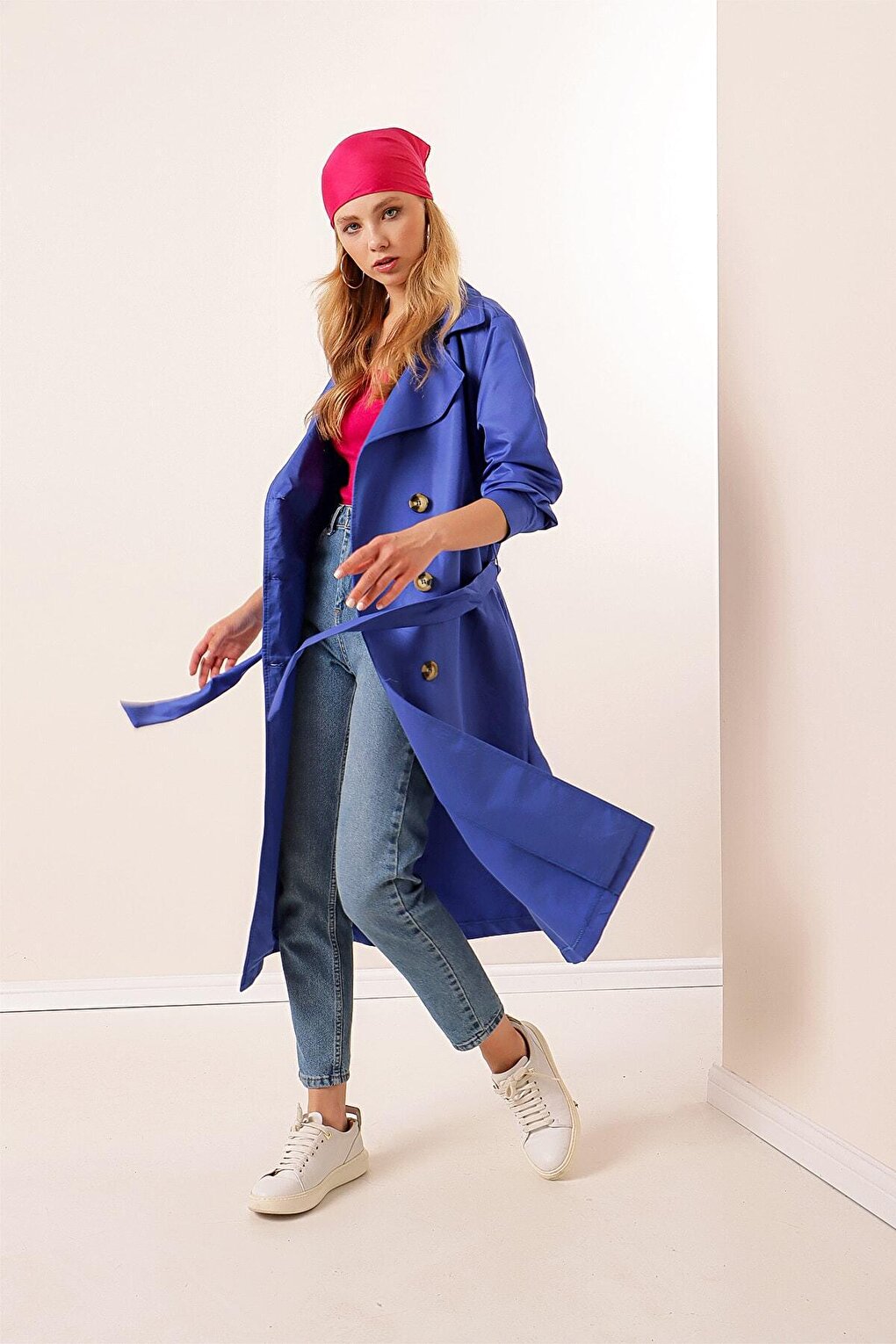 Women's Sax Double Breasted Collar Belted Unlined Seasonal Casual Trench Coat HZL22S-BD158531