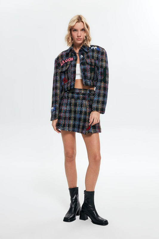 Colorful Pocket Detailed Tweed Jacket Black