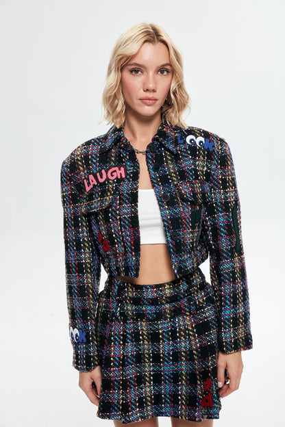 Colorful Pocket Detailed Tweed Jacket Black