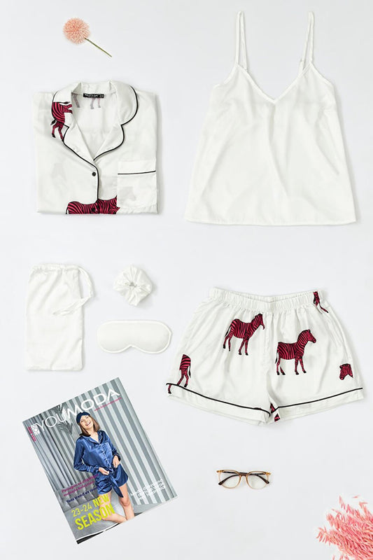 6-Piece Zebra Patterned Ecru Satin Pajama Shorts Set