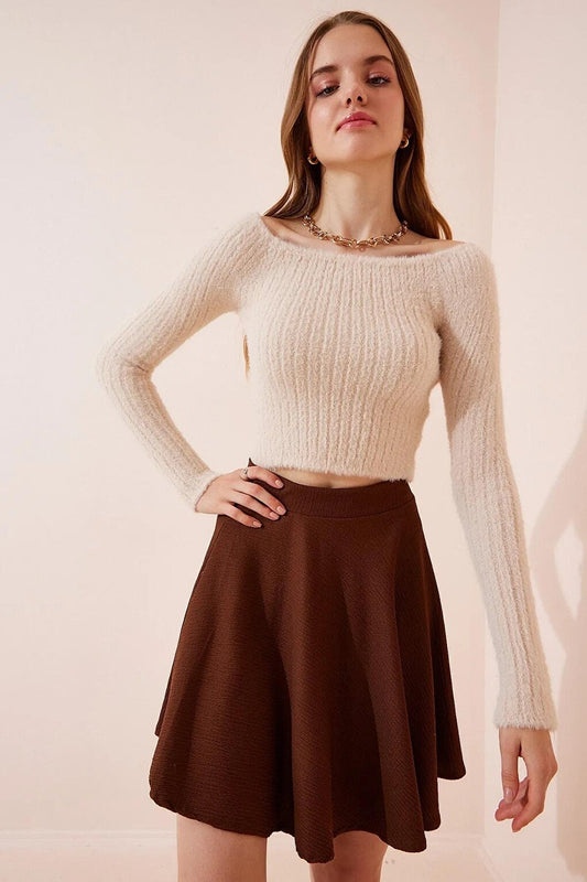 Women's Chocolate Pleated Mini Knitted Skirt HZL23S-BD118851