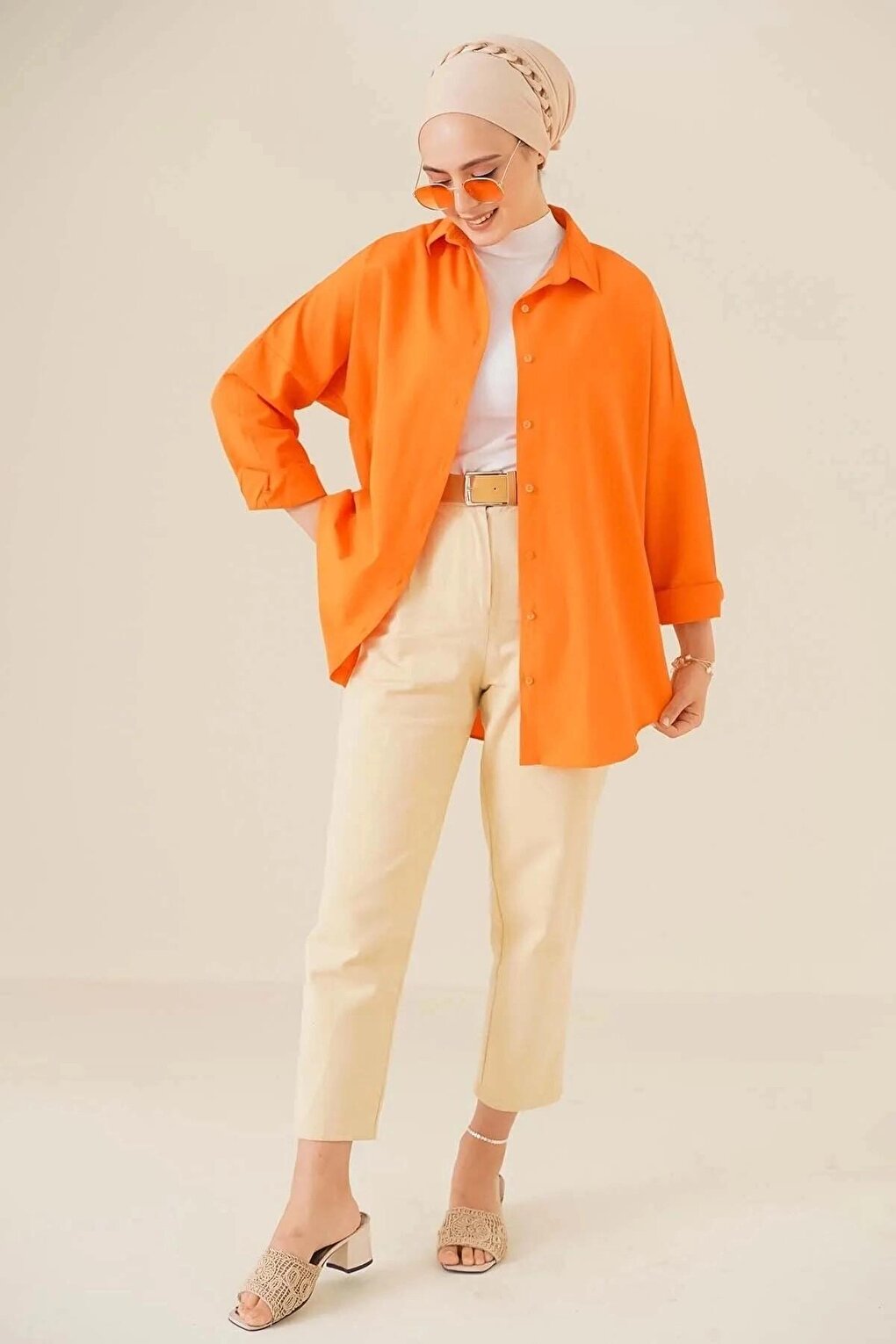 Women's Hijab Orange Wide Fit Long Basic Shirt HZL24W-BD139001