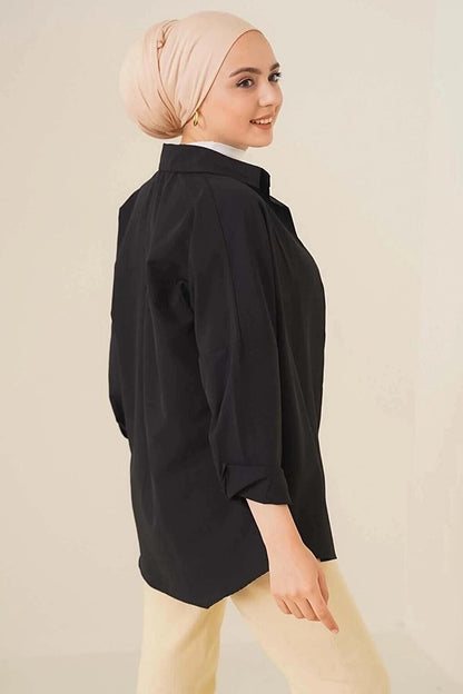 Women's Hijab Black Wide Fit Long Basic Shirt HZL24W-BD139001