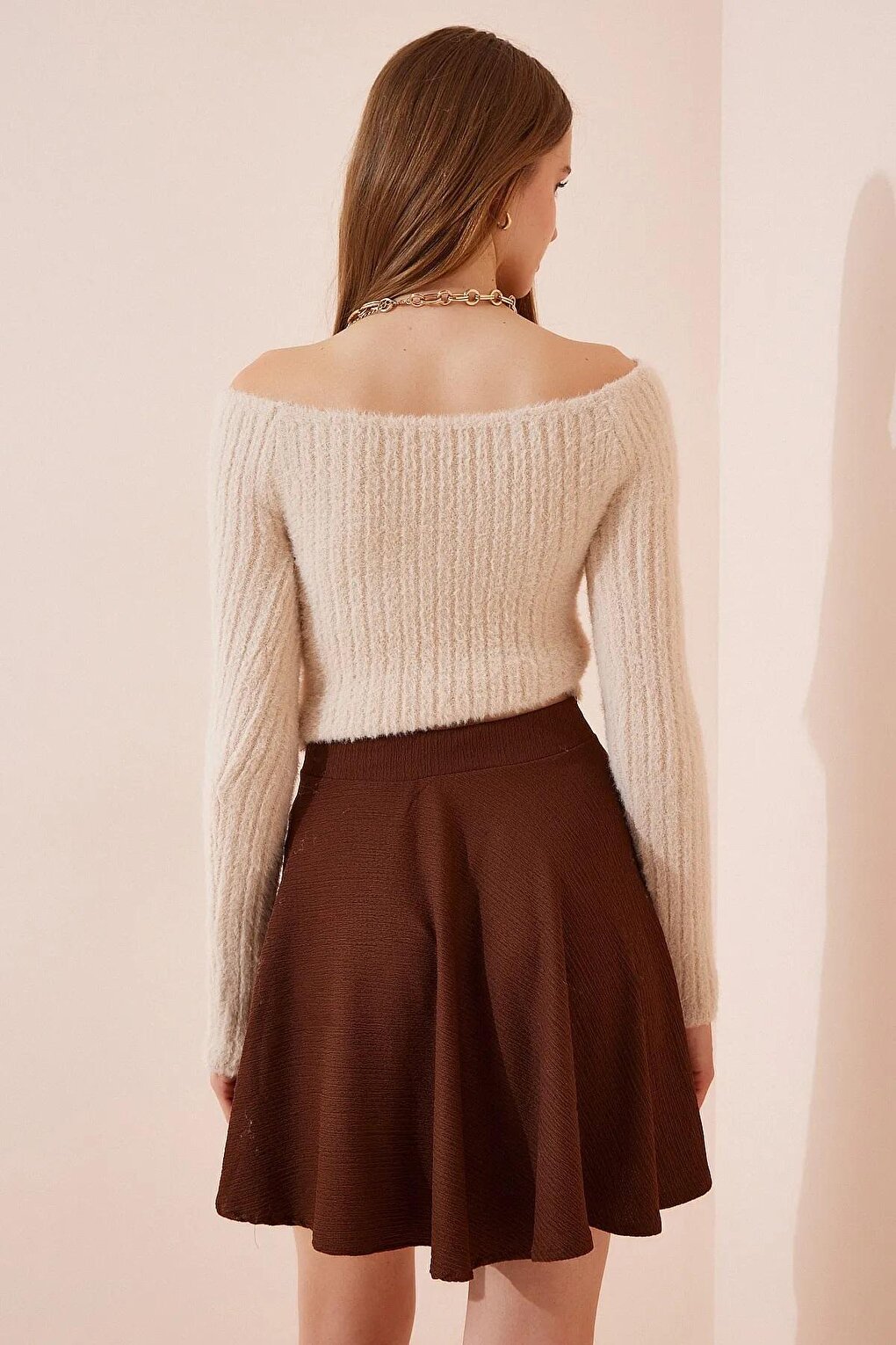 Women's Chocolate Pleated Mini Knitted Skirt HZL23S-BD118851