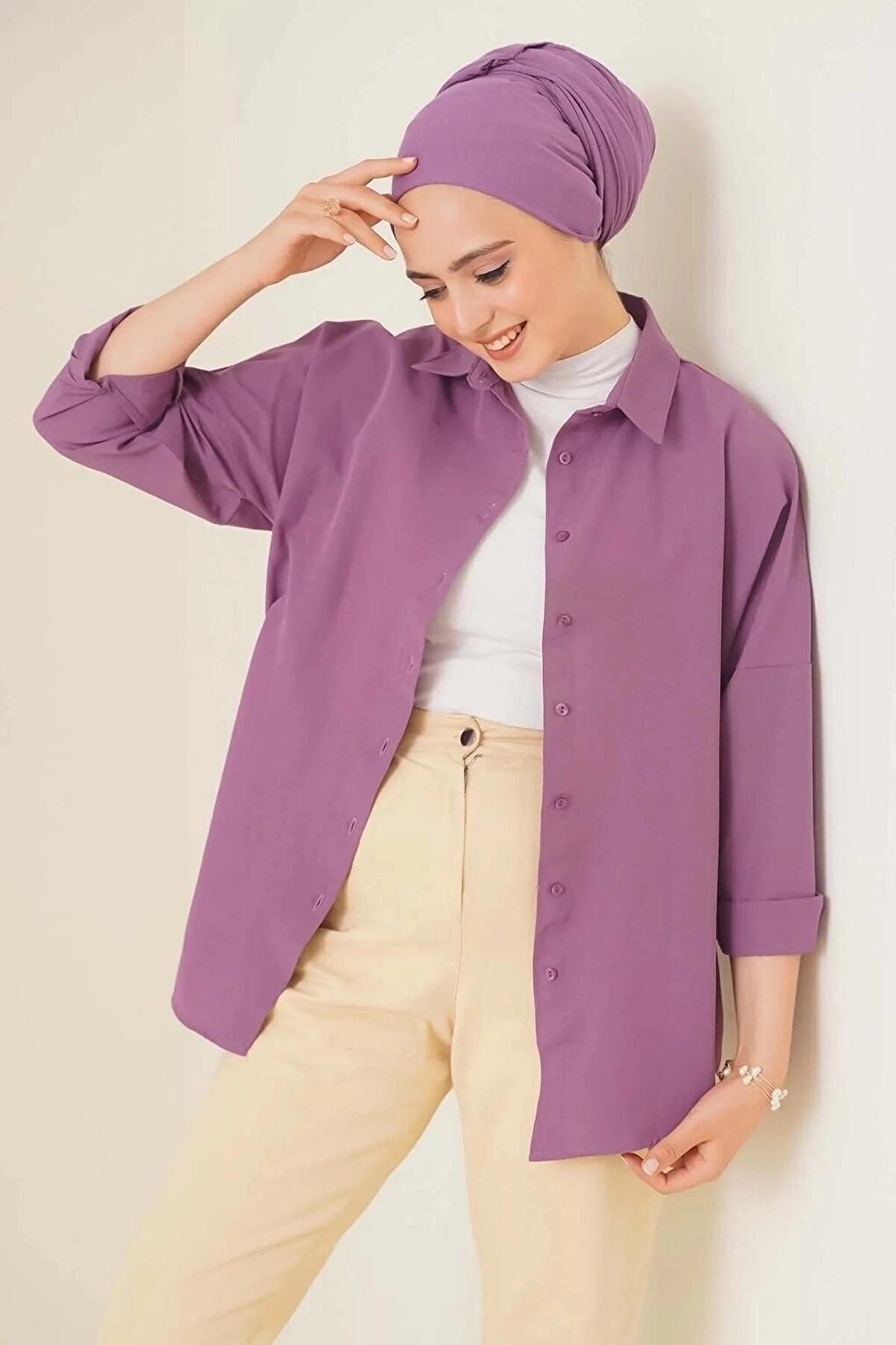 Women's Hijab Dark Lilac Wide Fit Long Basic Shirt HZL24W-BD139001