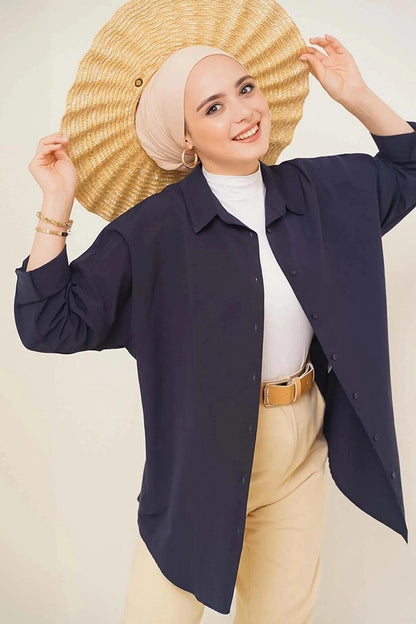 Women's Hijab Navy Blue Wide Fit Long Basic Shirt HZL24W-BD139001