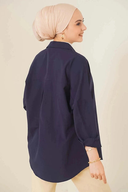 Women's Hijab Navy Blue Wide Fit Long Basic Shirt HZL24W-BD139001