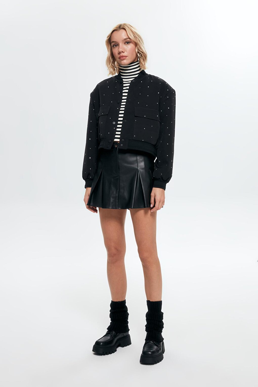 Stone Detailed Pocket Crop Jacket Black