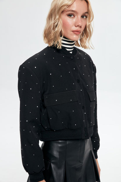 Stone Detailed Pocket Crop Jacket Black