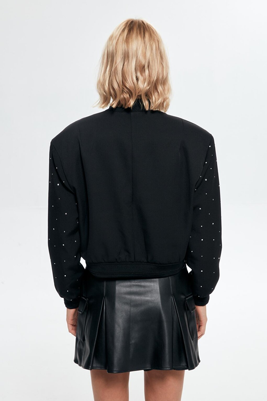 Stone Detailed Pocket Crop Jacket Black