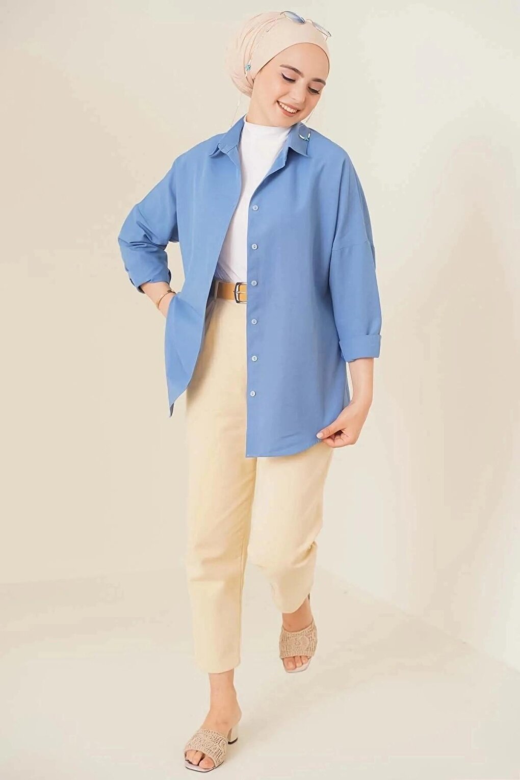 Women's Hijab Indigo Blue Wide Fit Long Basic Shirt HZL24W-BD139001