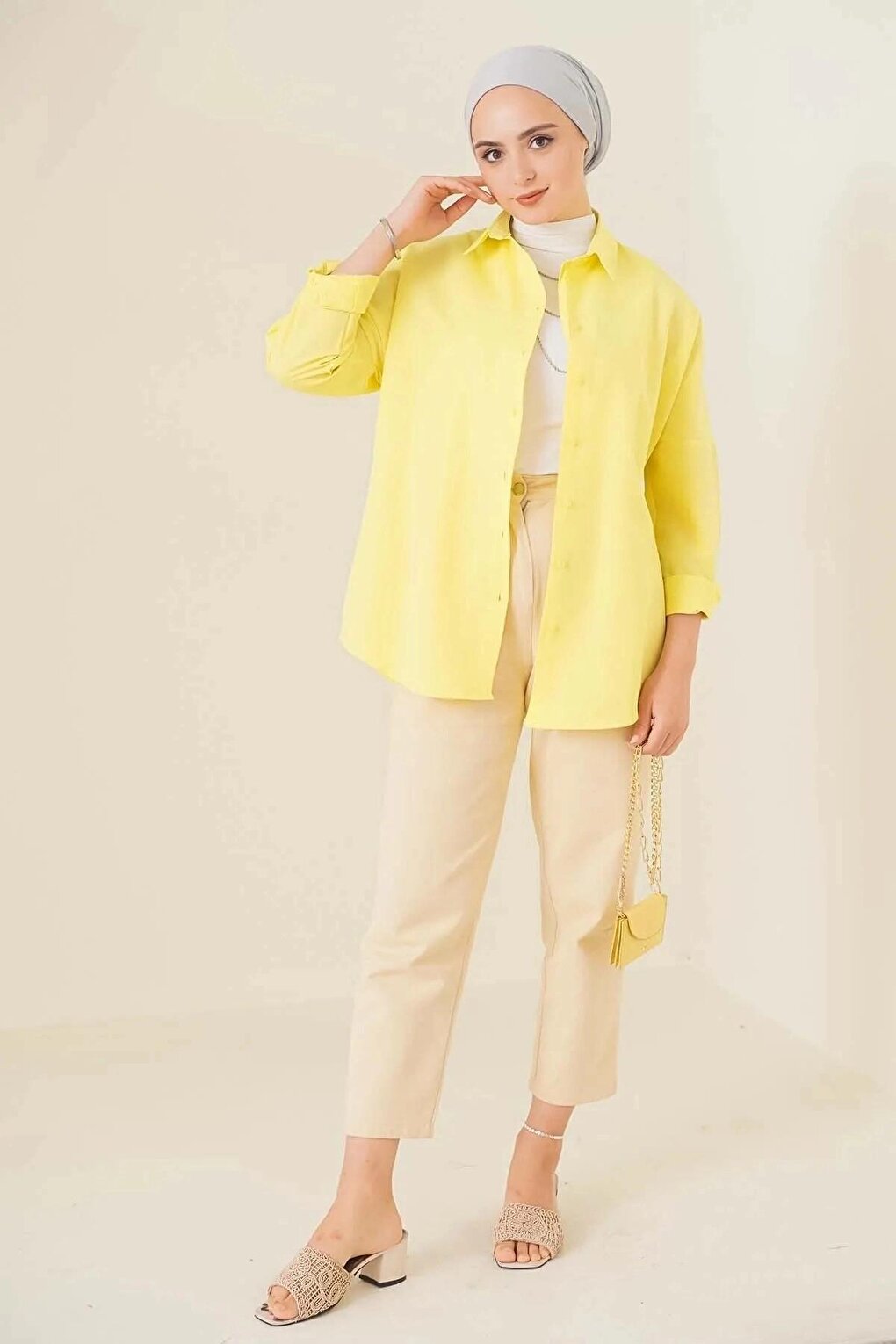 Women's Hijab Yellow Wide Fit Long Basic Shirt HZL24W-BD139001