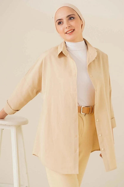 Women's Hijab Beige Wide Fit Long Basic Shirt HZL24W-BD139001