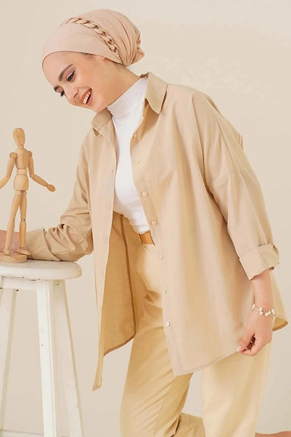 Women's Hijab Beige Wide Fit Long Basic Shirt HZL24W-BD139001