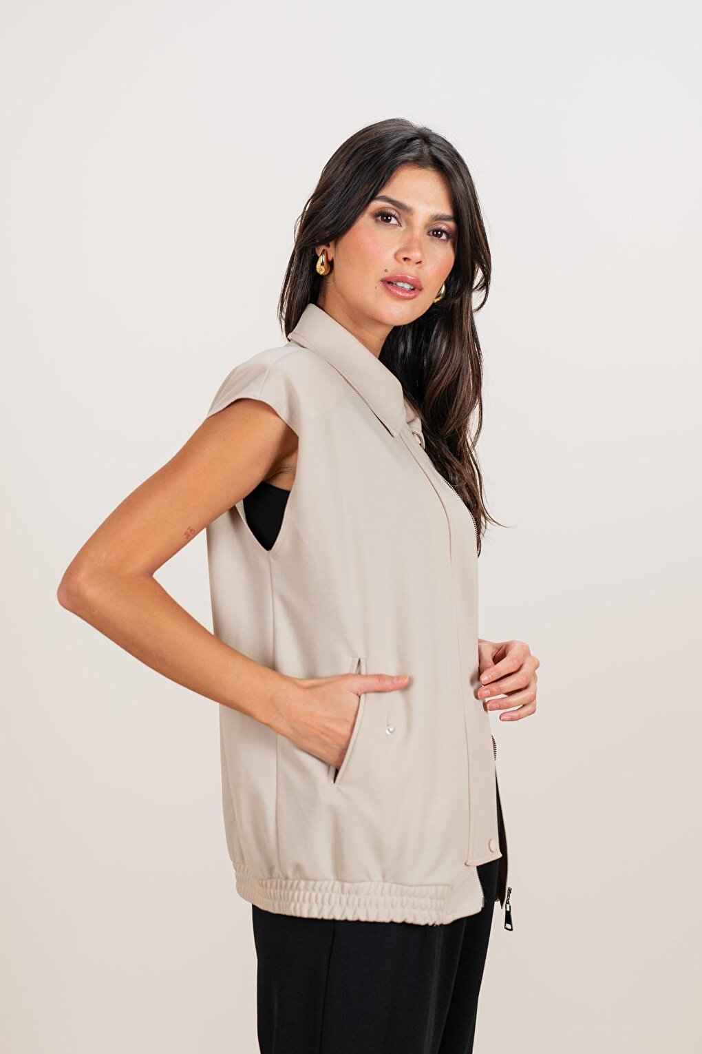 Women's Ecru Elastic Bomber Vest