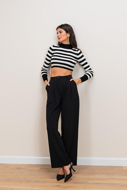 Women's Black Wide Leg Pleated Stylish Trousers