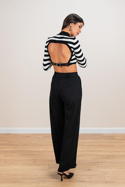 Women's Black Wide Leg Pleated Stylish Trousers